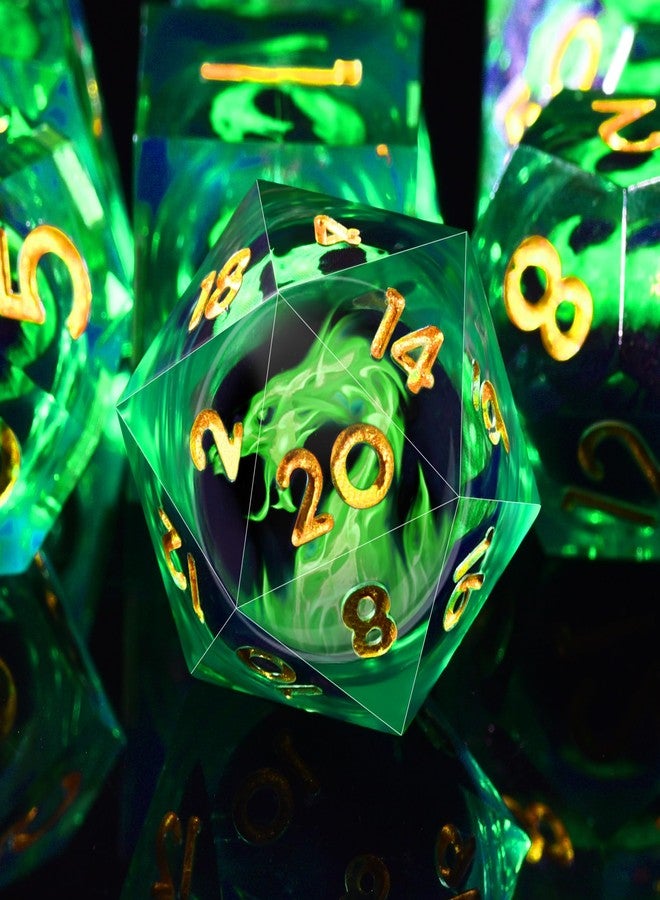 AUSTOR 7 Die DND Dice Set - 7 Pieces Green Flame Dragon Resin Dice - D20, D12, D10, D8, D6, D4 Sharp Edge Dungeons and Dragons Dice with Case - Image 1